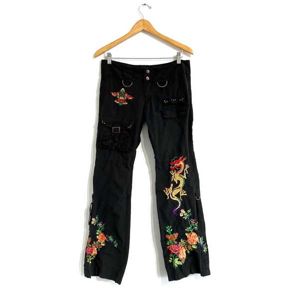 d-touch Pants - Y2K d-touch low rise cargo pants embroidered dragon flowers black
